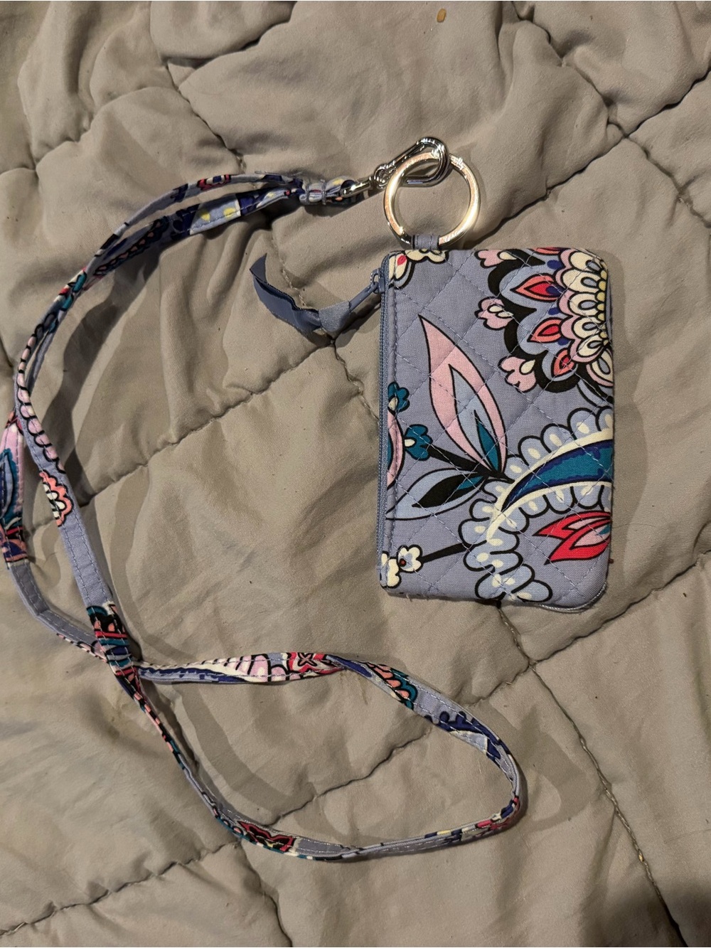 Vera Bradley Quilted Floral Lanyard Card Case in Gray Pink Blue